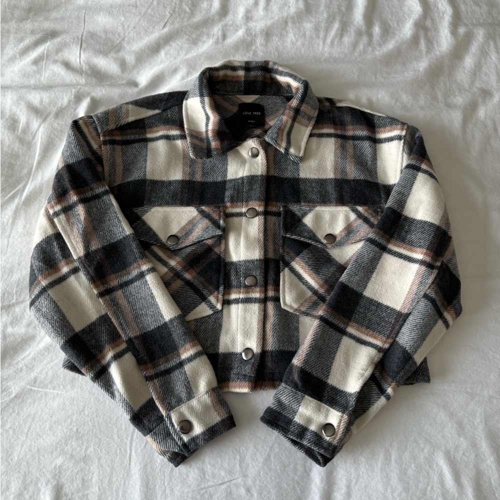 Beige, Tan And Grey Plaid Button Up Cropped Jacket